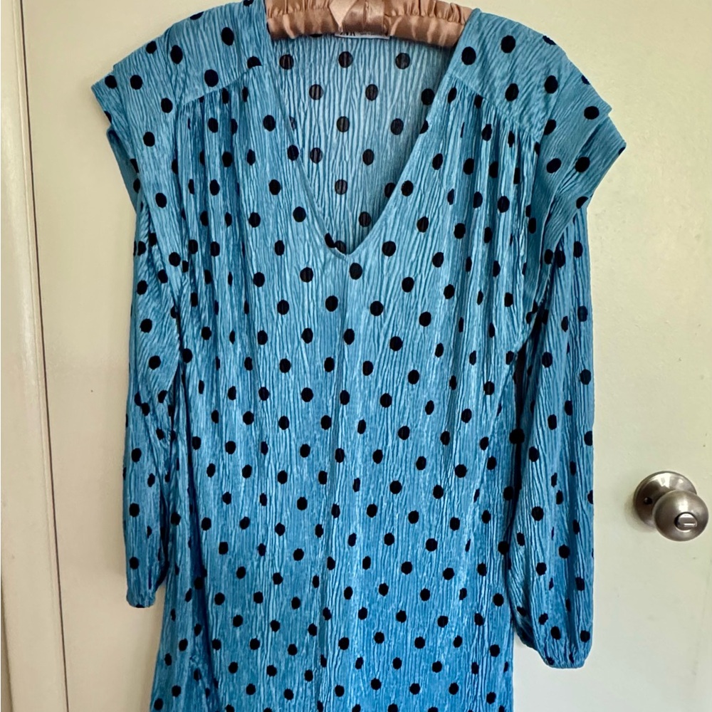 Zara Light Blue Top with Black Polka Dots